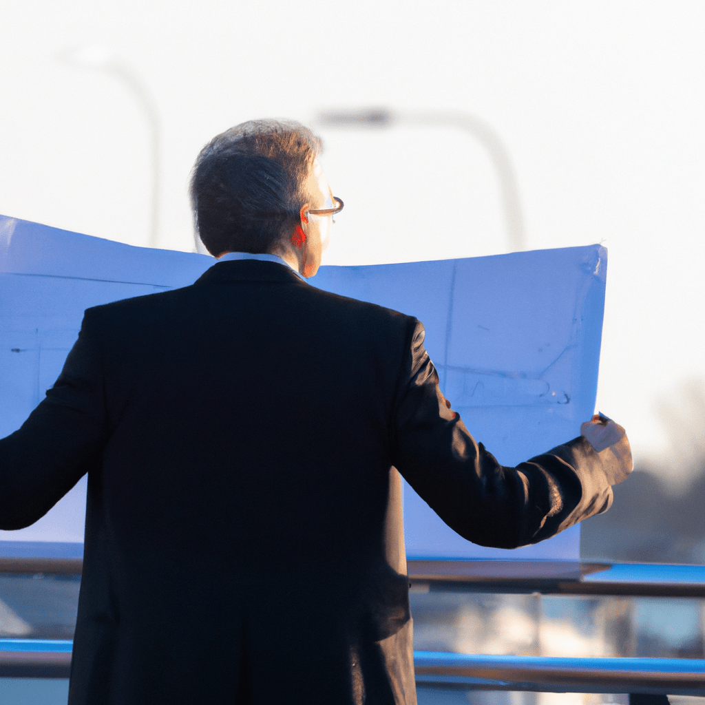 A picture of an investor looking at a blueprint, symbolizing long-term infrastructure investment strategy.. Sigma 85 mm f/1.4. No text.