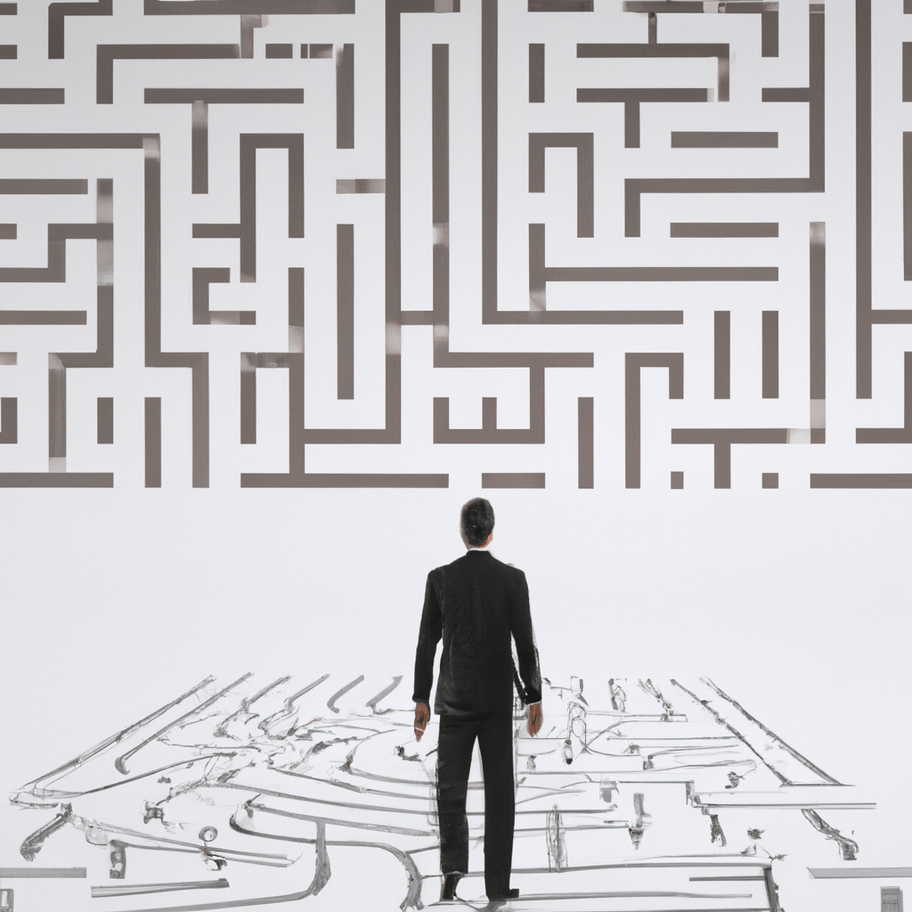 [Businessman observing a maze with money symbols at the end]. Sigma 85 mm f/1.4. No text.