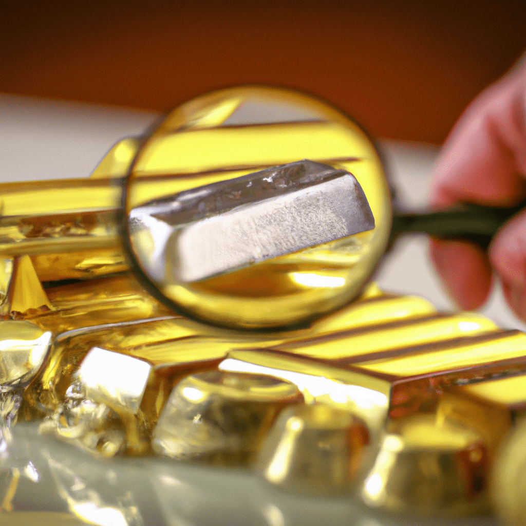 A person holding a magnifying glass and examining a gold bar and silver coins. Symbolizing thorough research before investing in precious metals. Sigma 85 mm f/1.4. No text.. Sigma 85 mm f/1.4. No text.