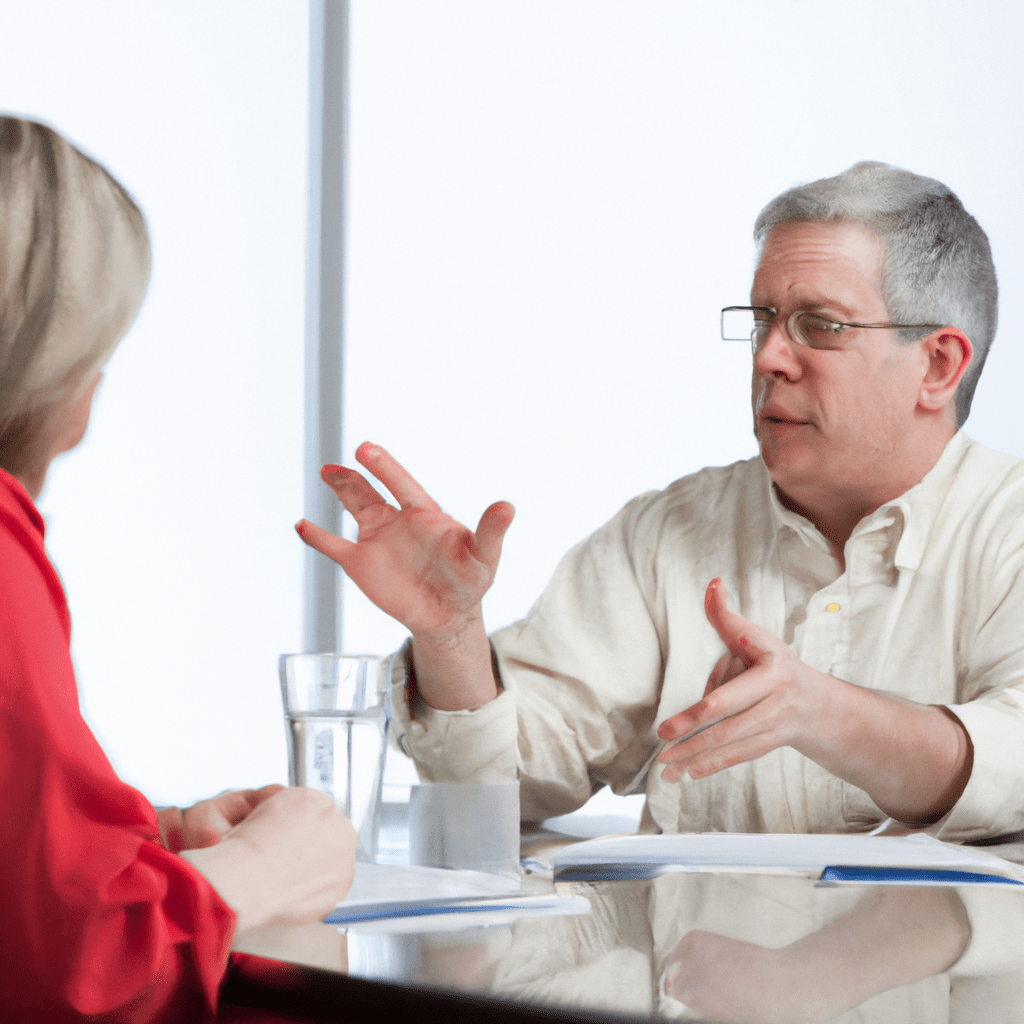 A financial advisor discussing personalized retirement planning with a client. Ideal image for financial stability articles.. Sigma 85 mm f/1.4. No text.