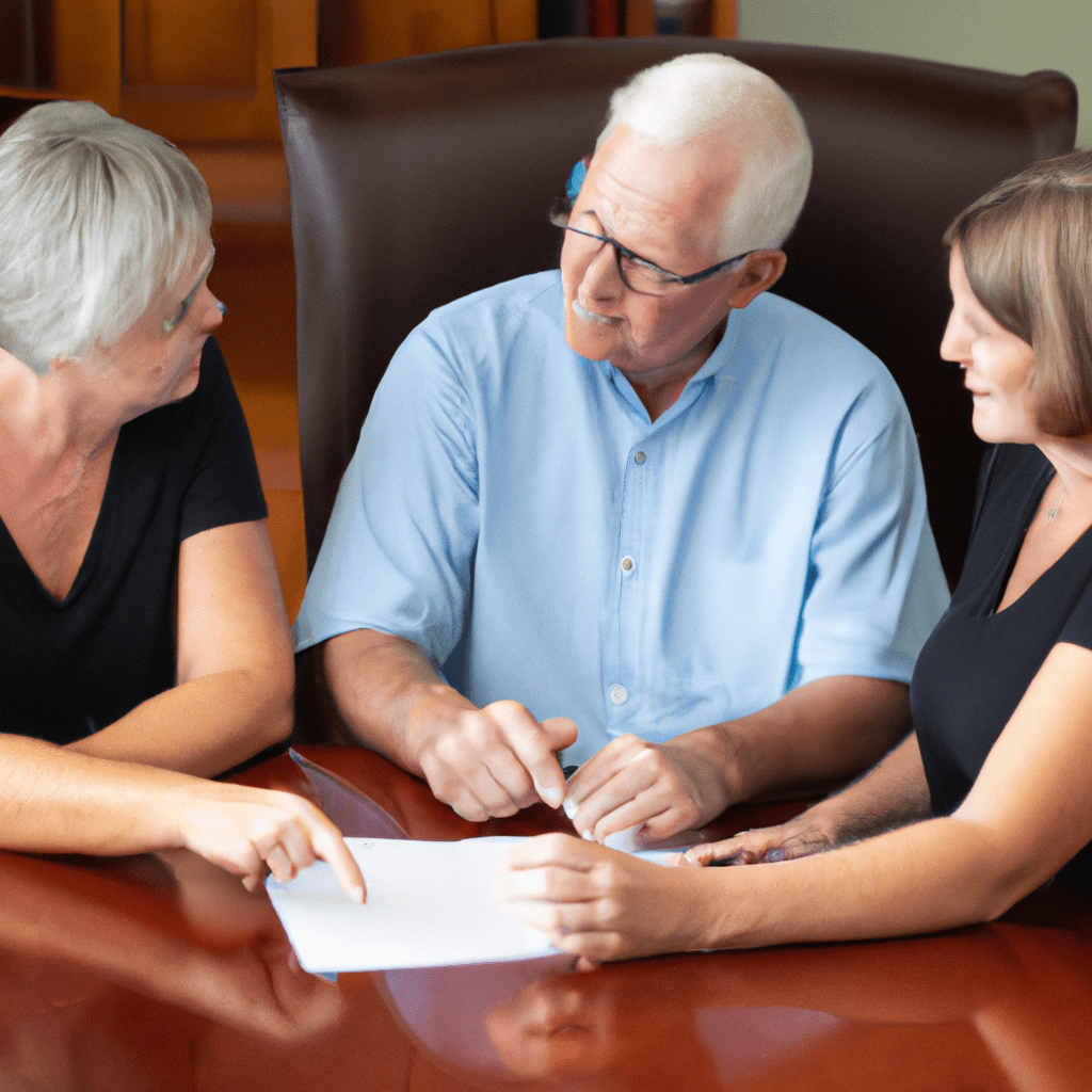 A couple consulting with a financial advisor, reviewing and updating their retirement plan. Shot perfect for financial planning websites.. Sigma 85 mm f/1.4. No text.