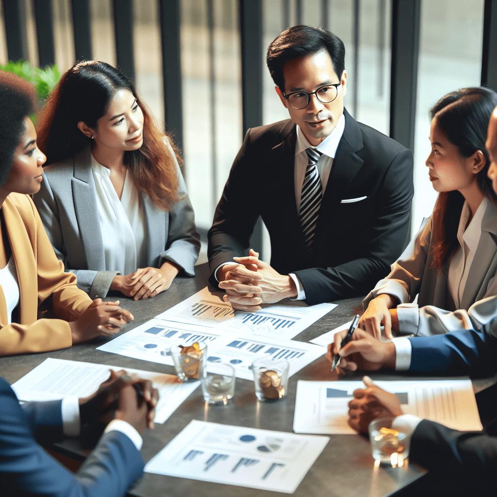 A diverse group of people consulting with a financial advisor, discussing investment options and financial goals.. Sigma 85 mm f/1.4.