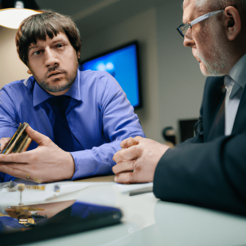 A professional advisor assisting a client with gold investment strategies. Ensure a reliable partnership for your investment efforts.. Sigma 85 mm f/1.4. No text.