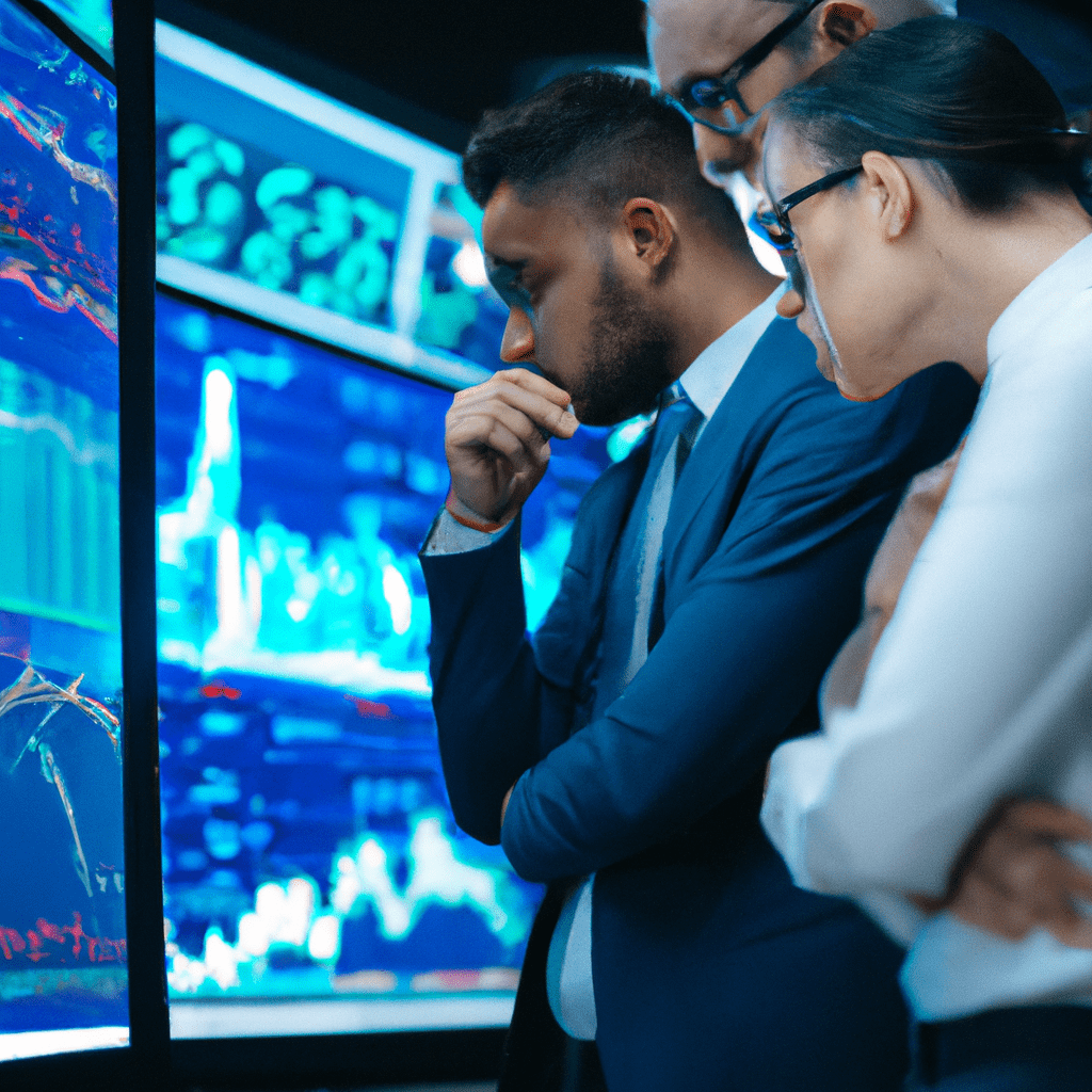 A diverse group of investors analyzing stock market fluctuations on a digital screen.. Sigma 85 mm f/1.4. No text.