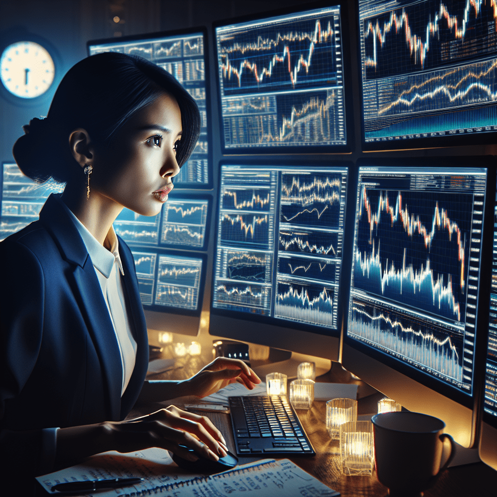 A person carefully analyzing forex market charts on multiple screens, with a determined expression, surrounded by financial graphs and data.