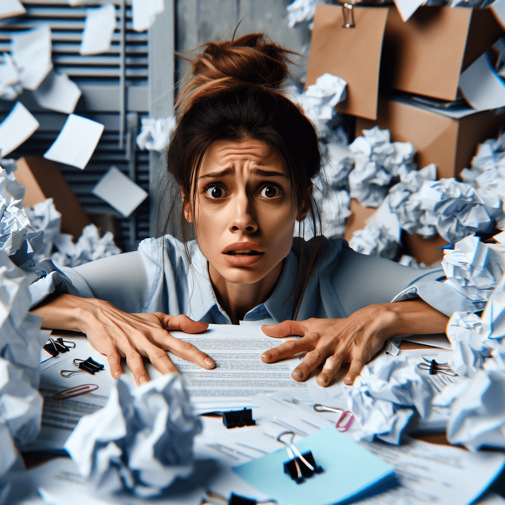 A person surrounded by chaos of scattered papers and crumpled notes, looking stressed and overwhelmed while trying to make sense of the clutter.